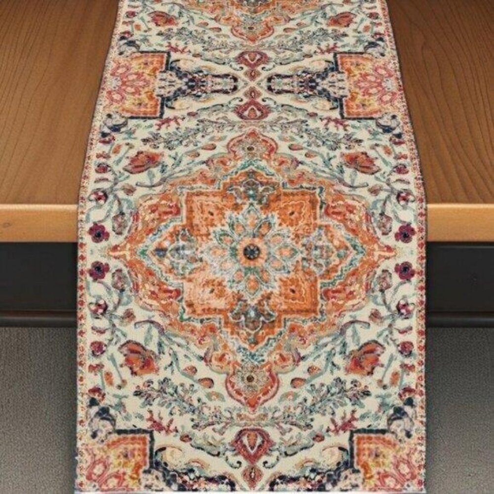 Boho Table Runner Bohemian Cottage Farmhouse Decor Dining Cloth Orange 13x60